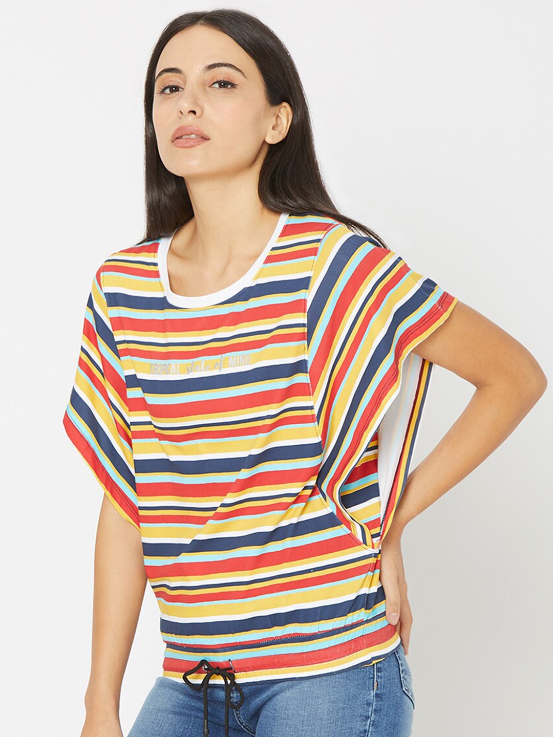 

SPYKAR Women Orange & Yellow Striped Slim Fit Pure Cotton T-shirt