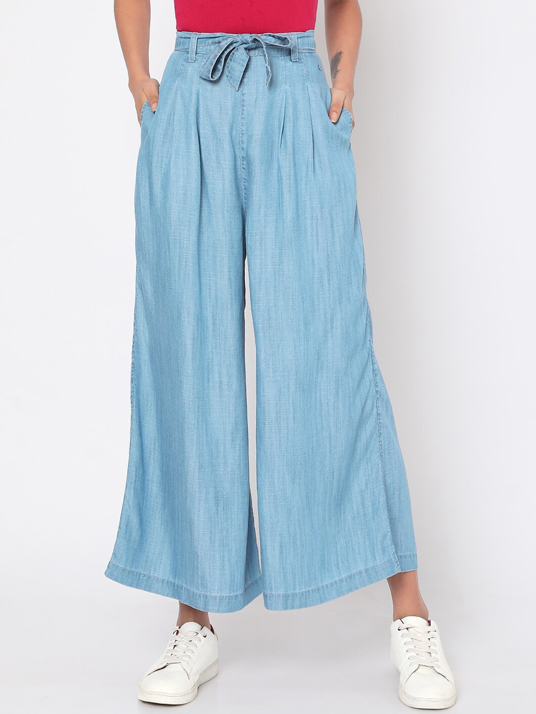 

SPYKAR Women Blue High-Rise Pleated Trousers