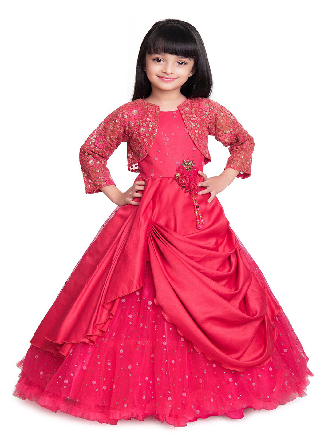 

BETTY Girls Embellished Net Ethnic Maxi Dress & Jacket, Pink