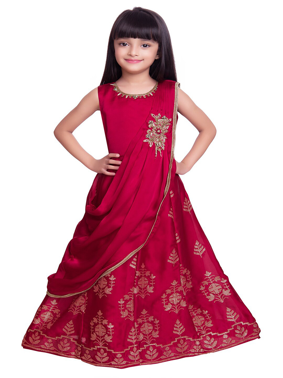 

BETTY Pink Floral Satin Ethnic Maxi Dress