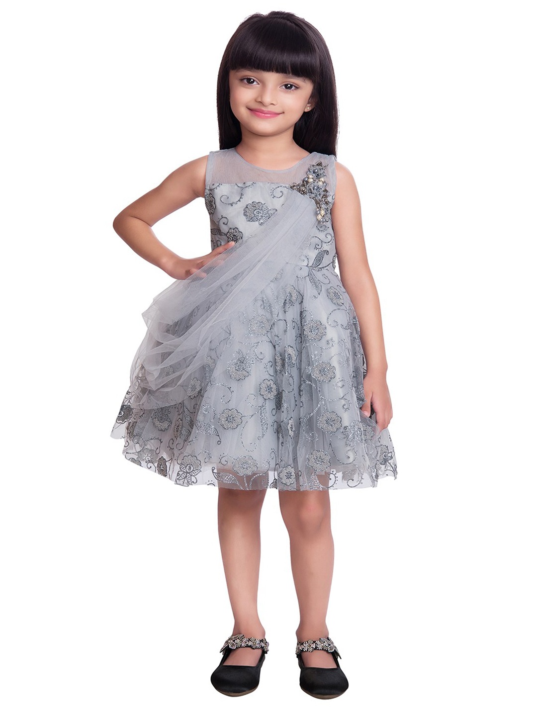 

BETTY Girls Grey & Cream-Coloured Floral Fit & Flare Dress