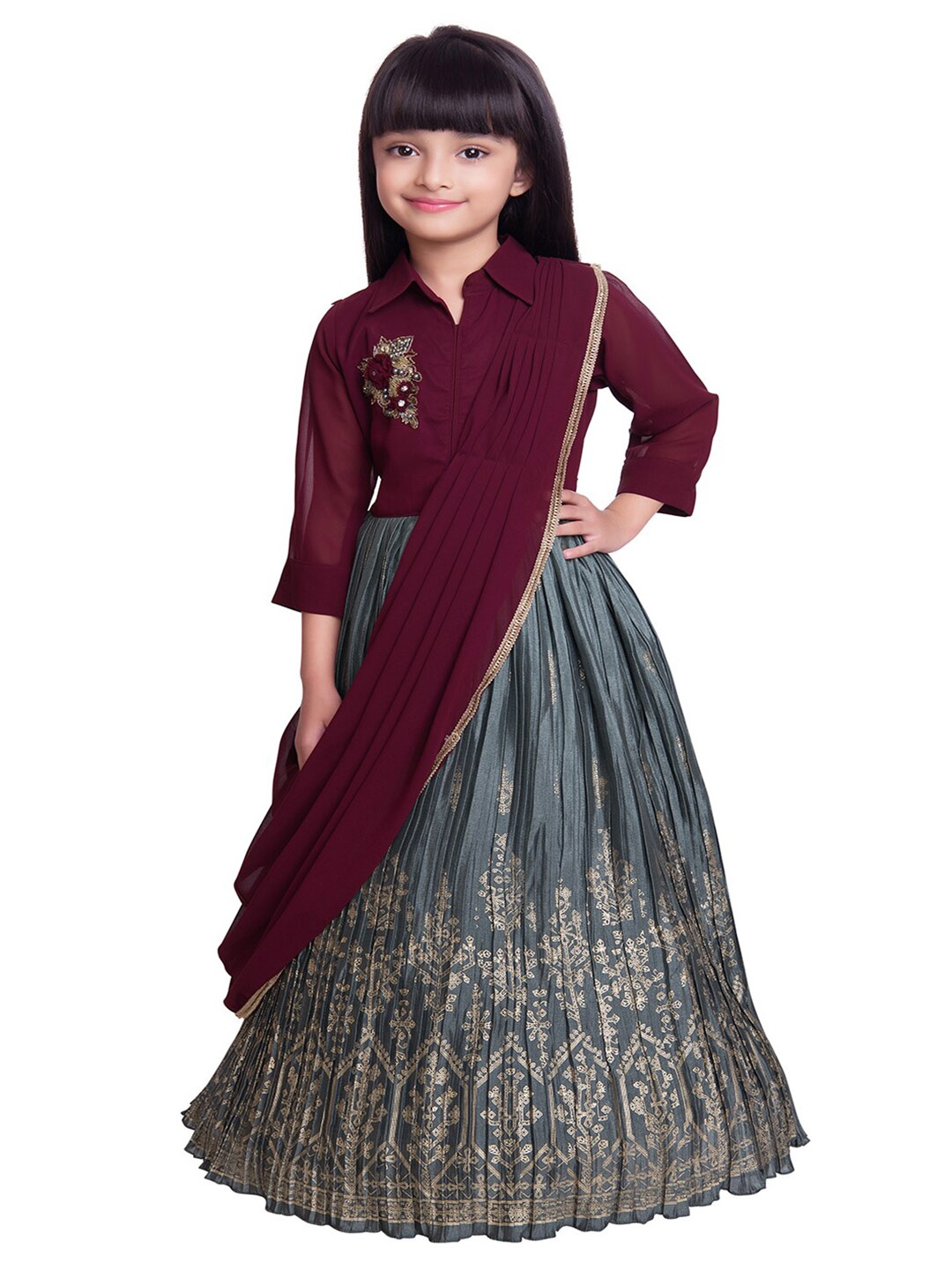 

BETTY Girls Grey Embellished Satin Ethnic Fit & Flare Dress
