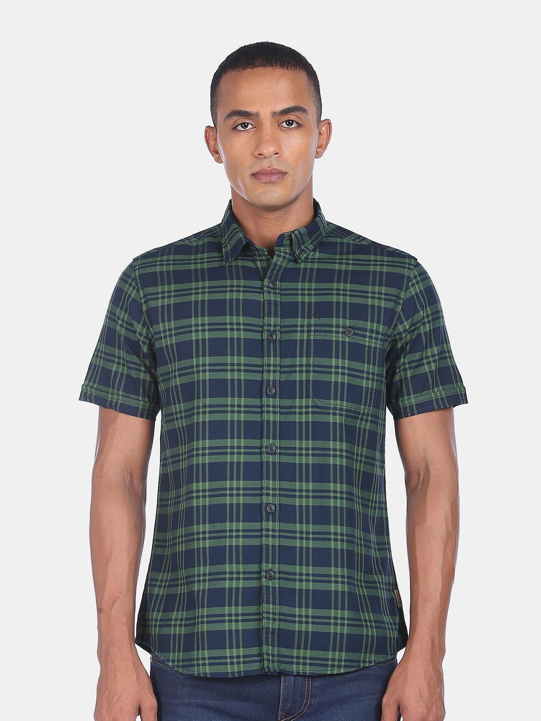 

Flying Machine Men Green & Navy Blue Checked Pure Cotton Casual Shirt