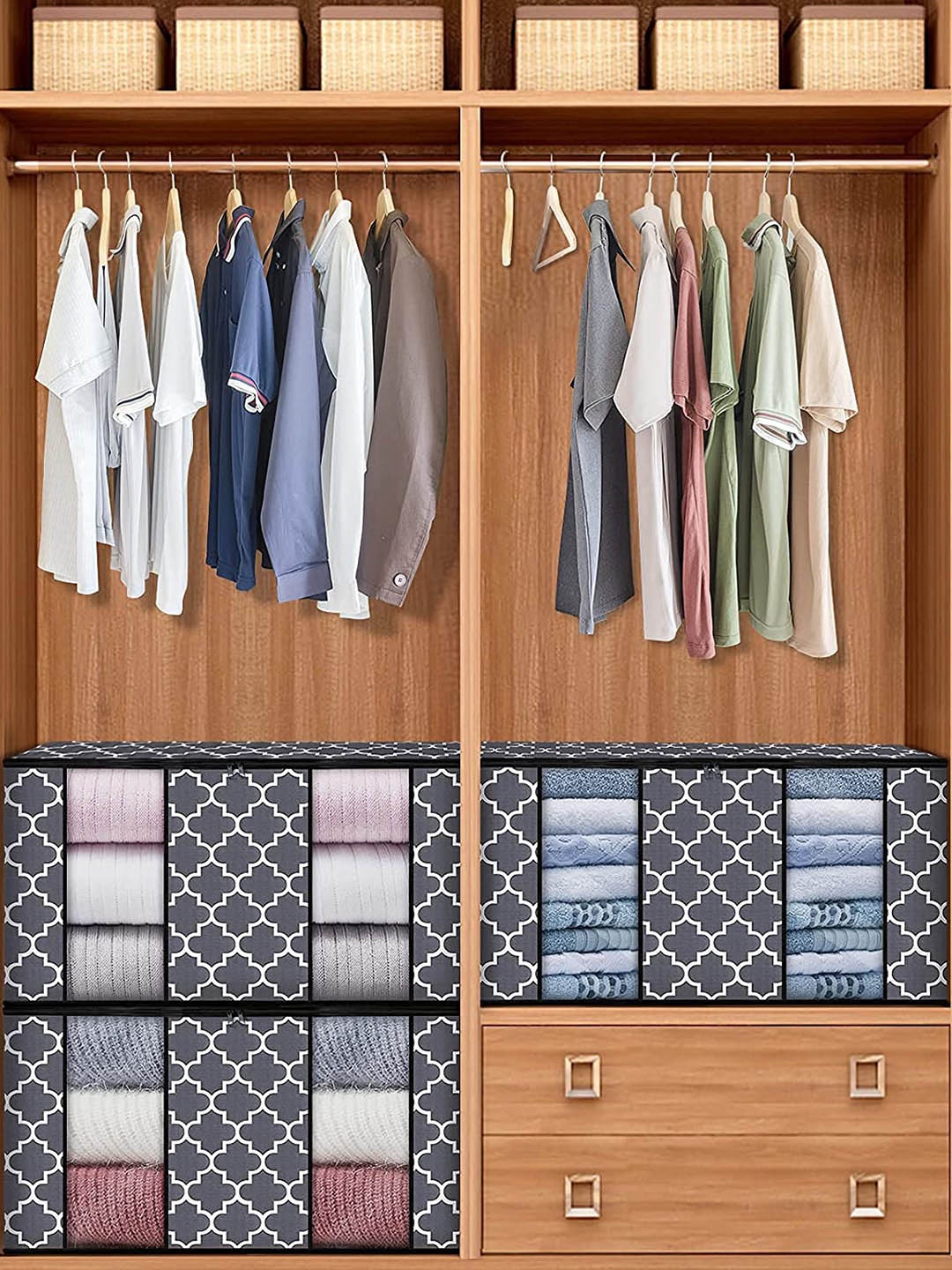 

HOUSE OF QUIRK Set Of 2 Grey & White Printed Large Blanket Clothes Foldable Organizer