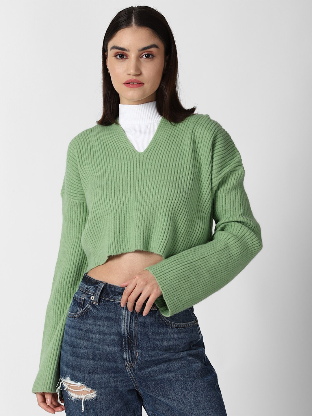 

FOREVER 21 Women Green Ribbed Crop Pullover