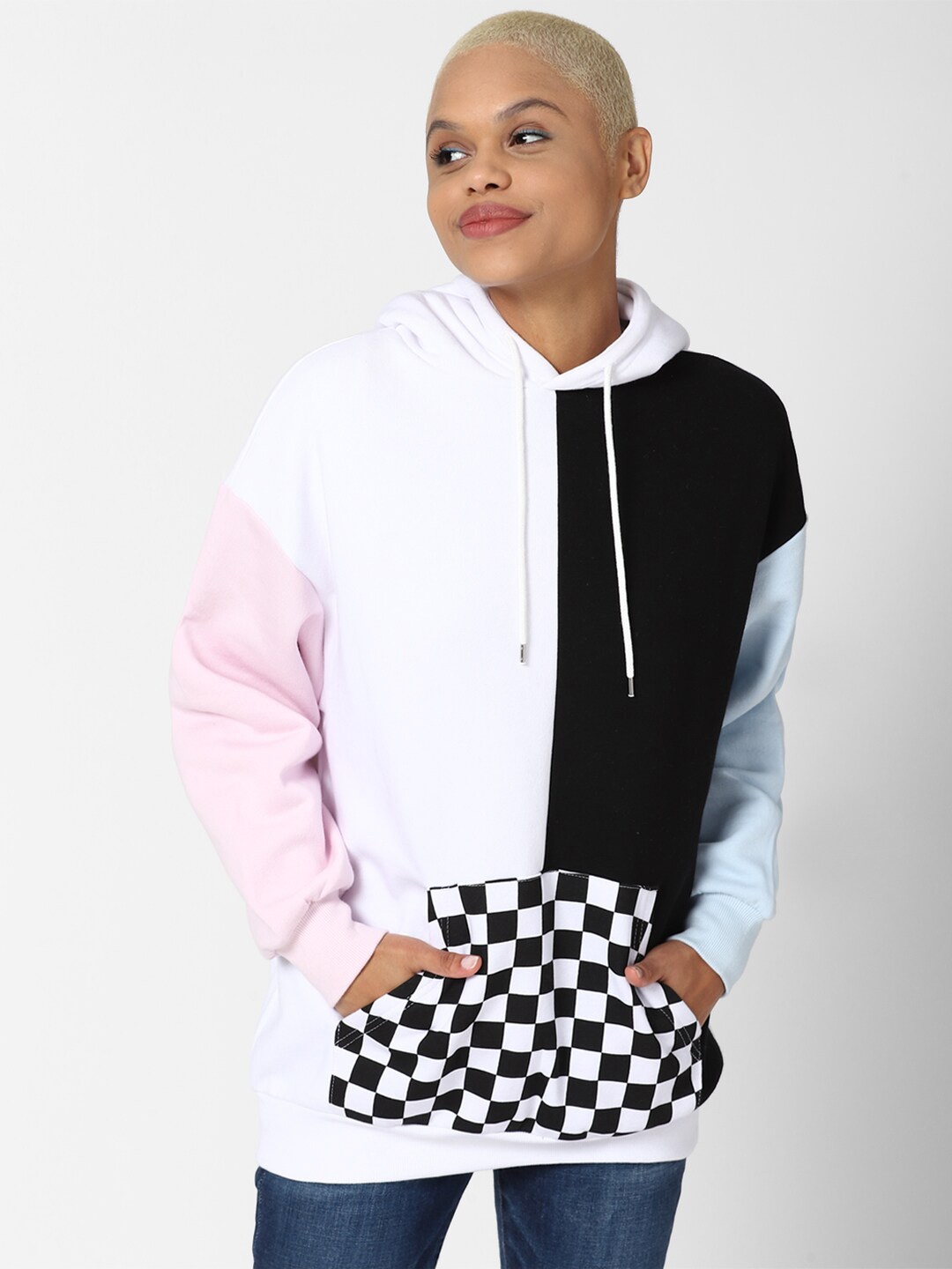 

FOREVER 21 Women White & Black Colourblocked Hooded Pullover