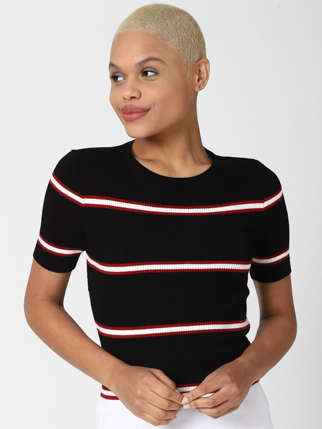 

FOREVER 21 Women Black & White Striped Pullover