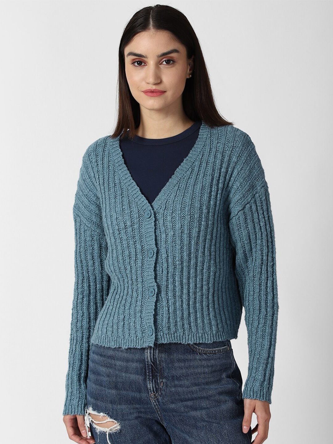 

FOREVER 21 Women Blue Cable Knit Cardigan