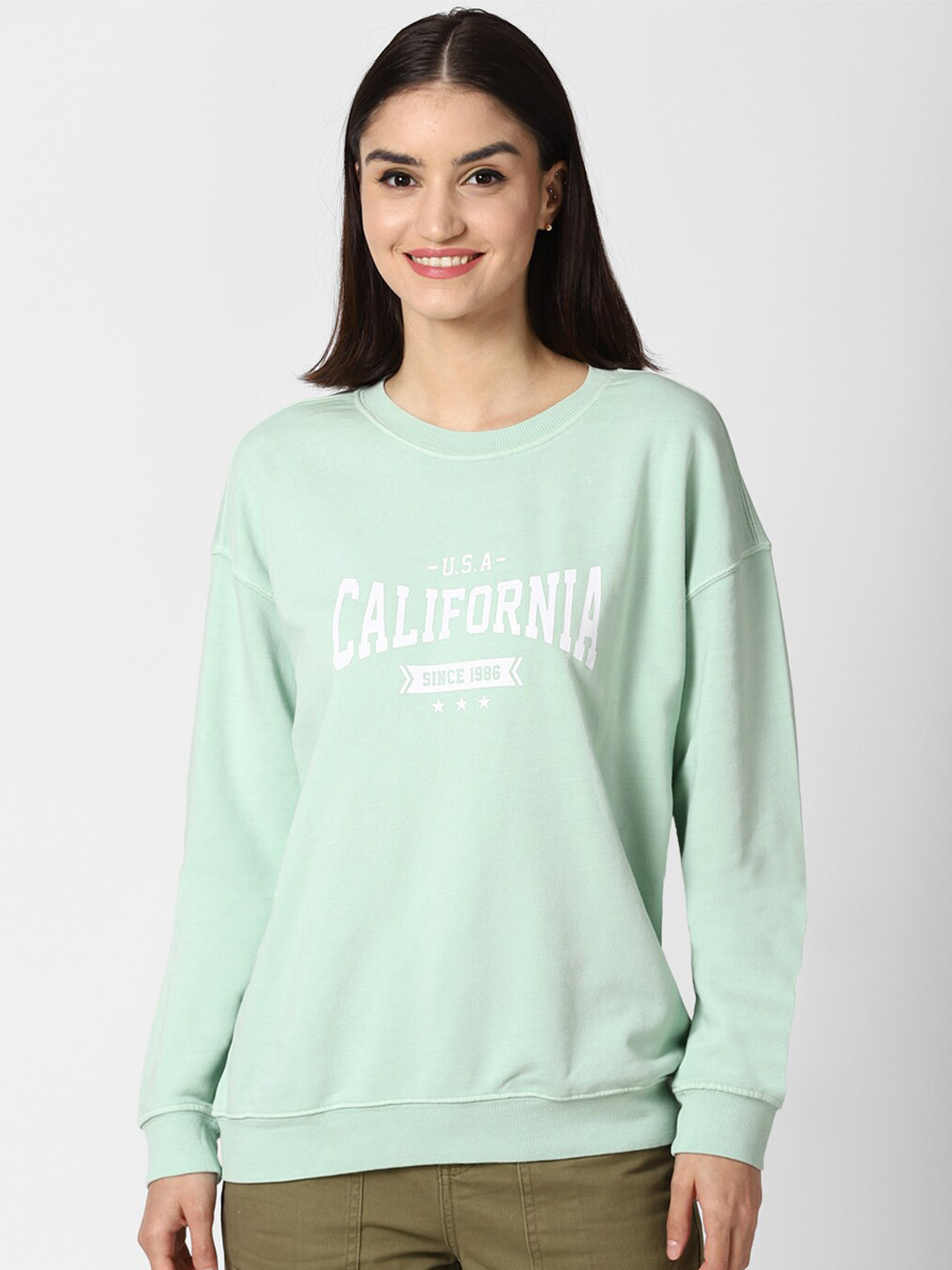 

FOREVER 21 Women Sea Green & White California Printed Pullover