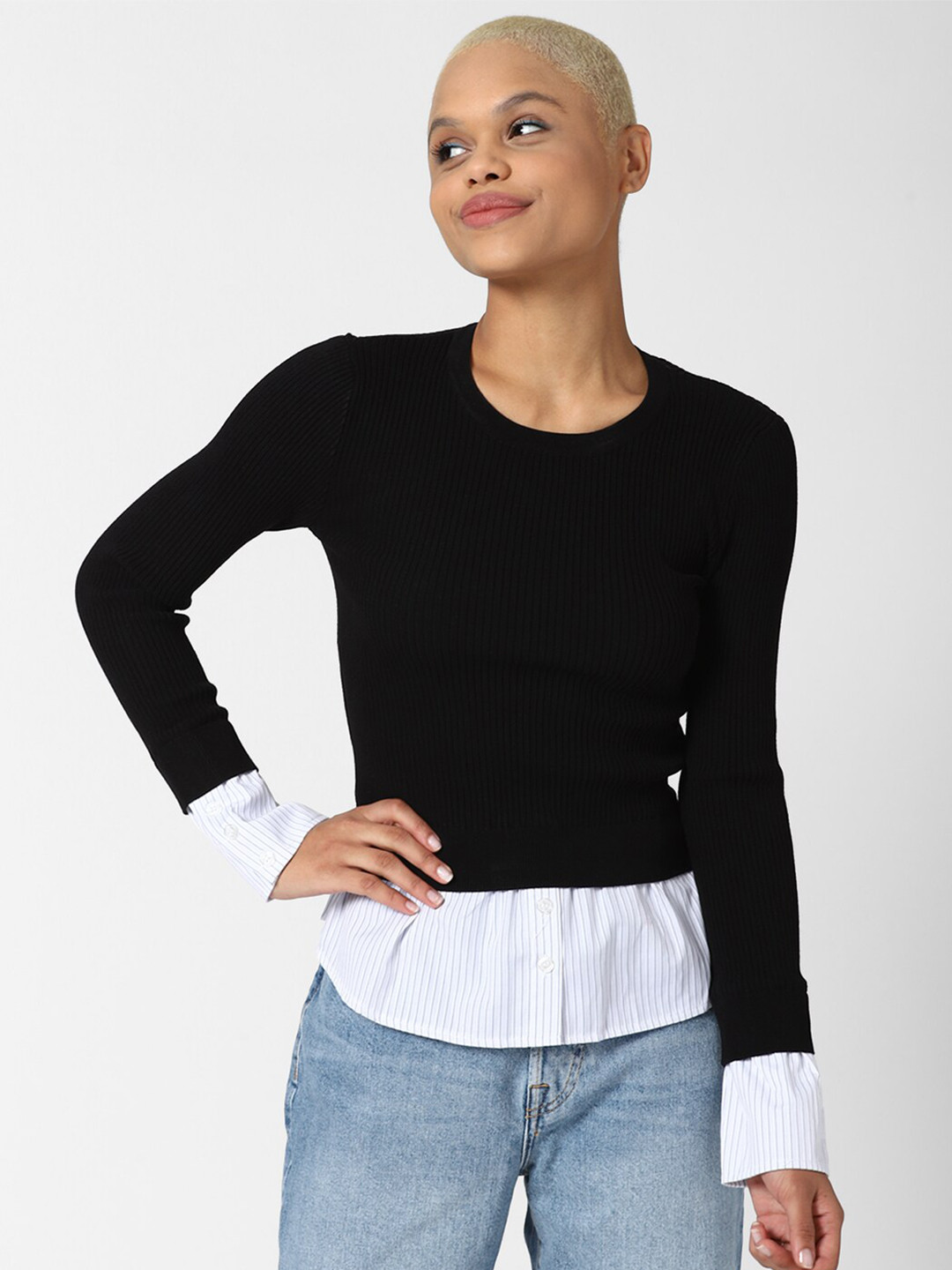 

FOREVER 21 Women Black Crop Pullover