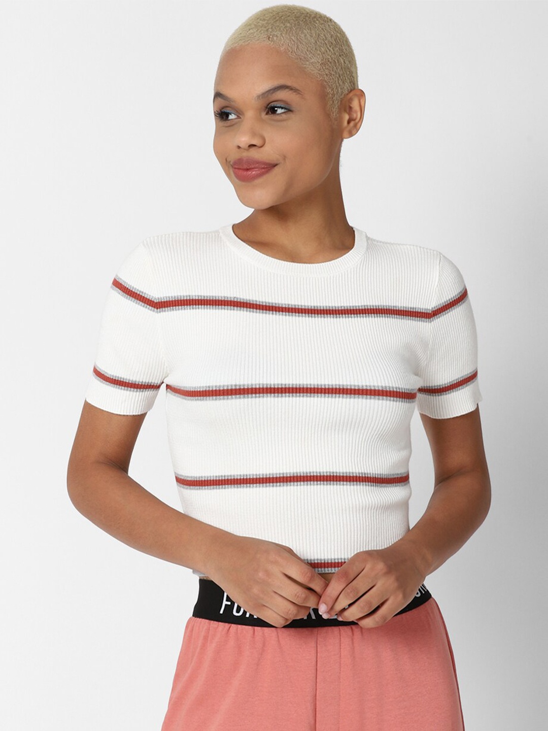 

FOREVER 21 Women Cream-Coloured & Peach-Coloured Striped Cropped Pullover
