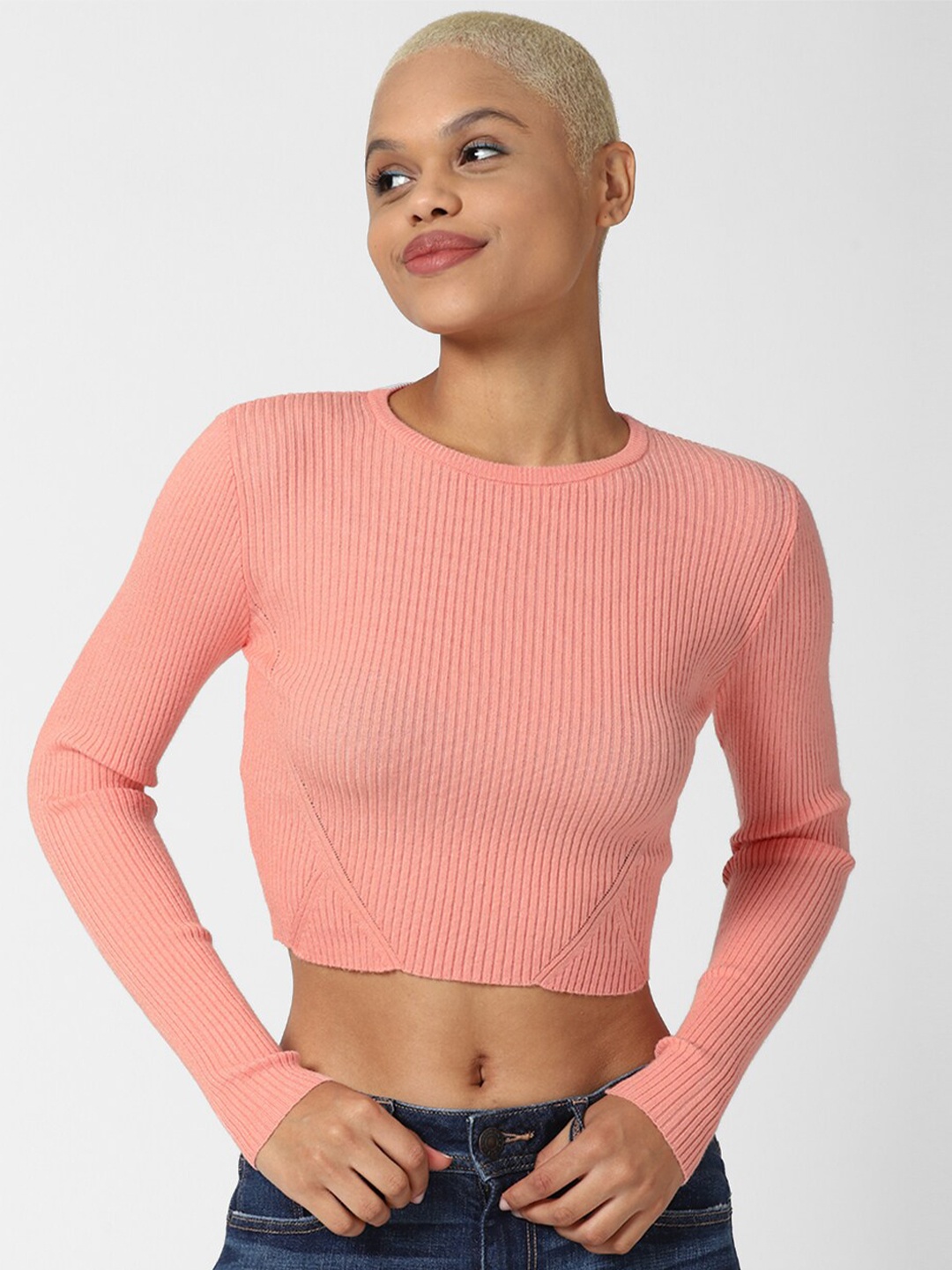 

FOREVER 21 Women Pink Ribbed Cropped Pullover