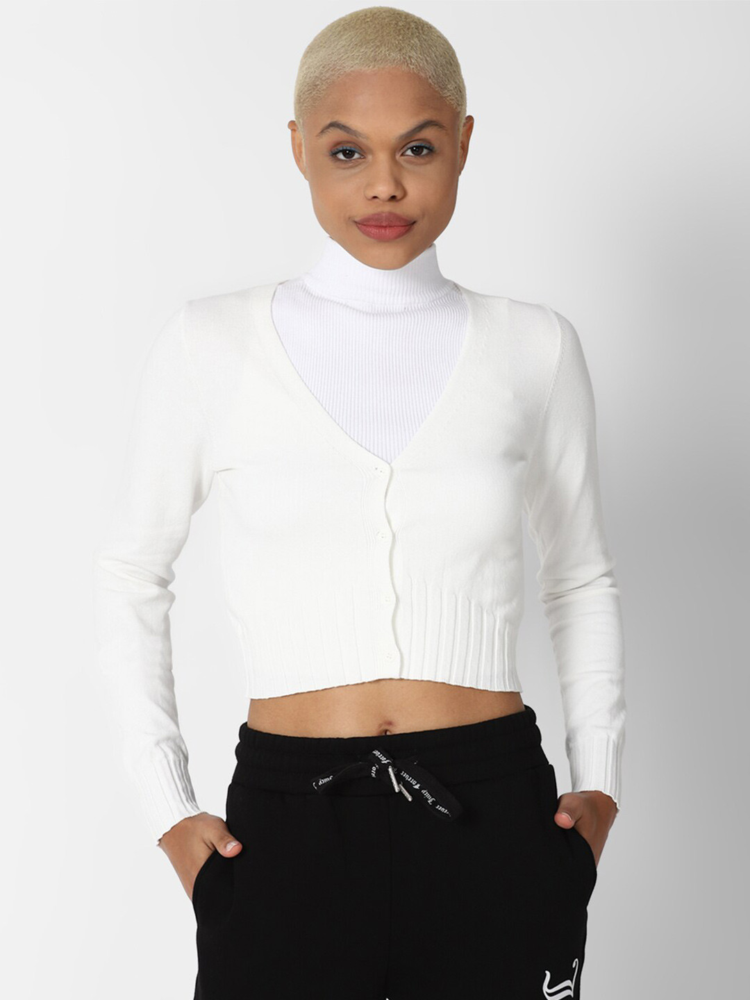 

FOREVER 21 Women Cream-Coloured Crop Cardigan