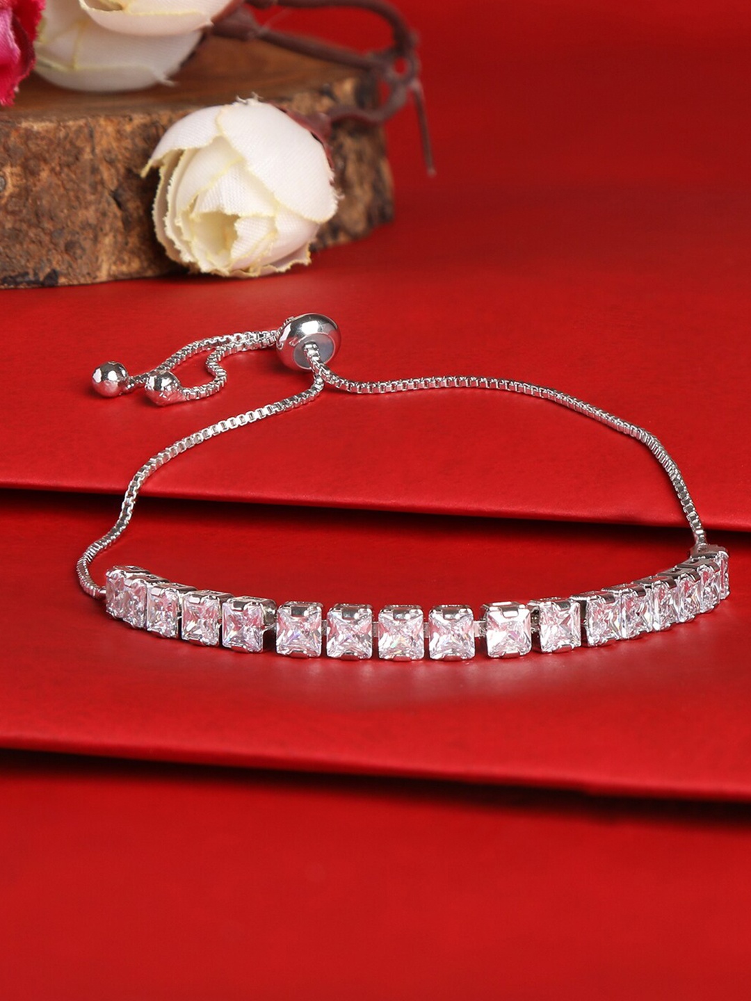 

ZINU Women Silver-Toned & White Brass Cubic Zirconia Rhodium-Plated Wraparound Bracelet