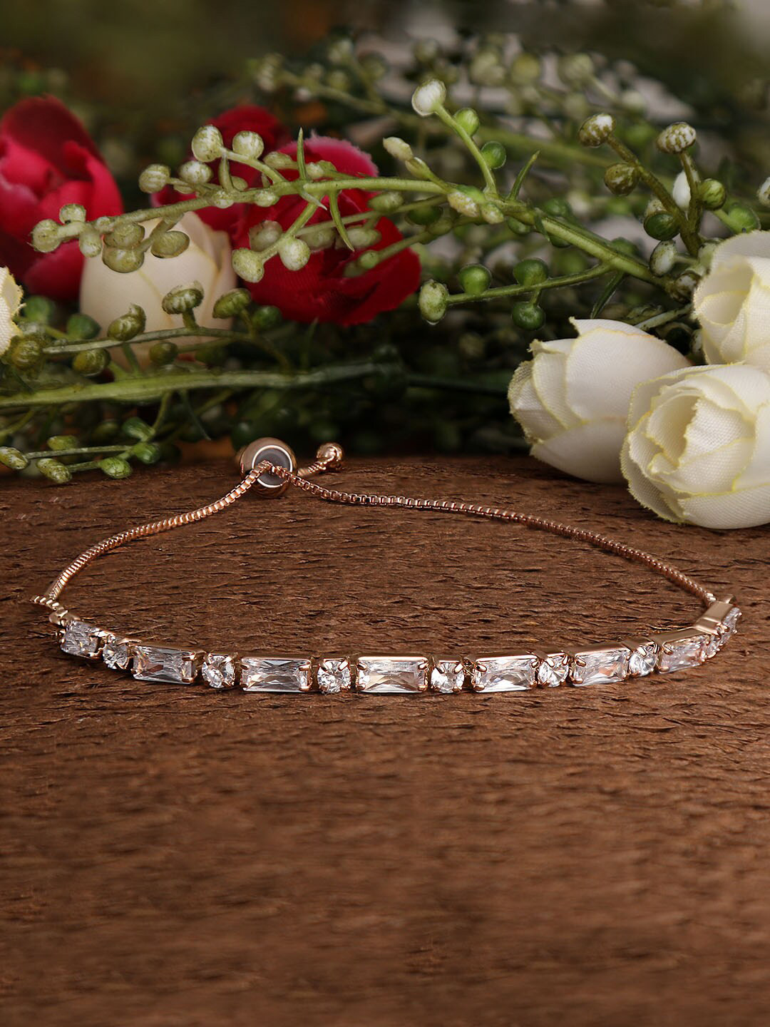 

ZINU Women White Brass Cubic Zirconia Rose Gold-Plated Charm Bracelet