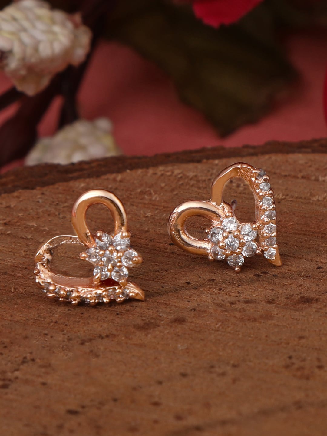 

ZINU Rose Gold & White Heart Shaped Studs Earrings