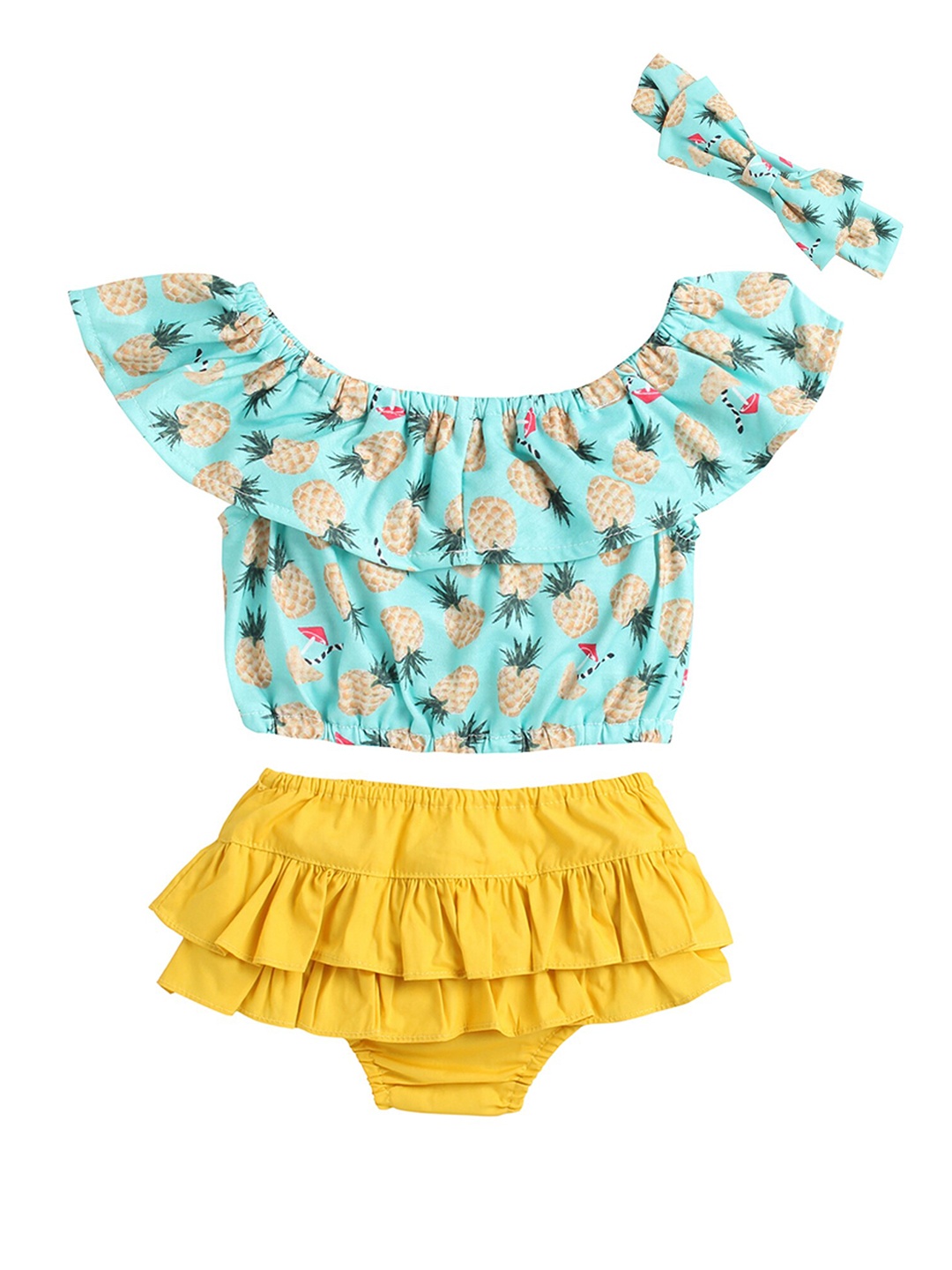 

Hopscotch Girls Green & Yellow Printed Top with Skirt With Headband