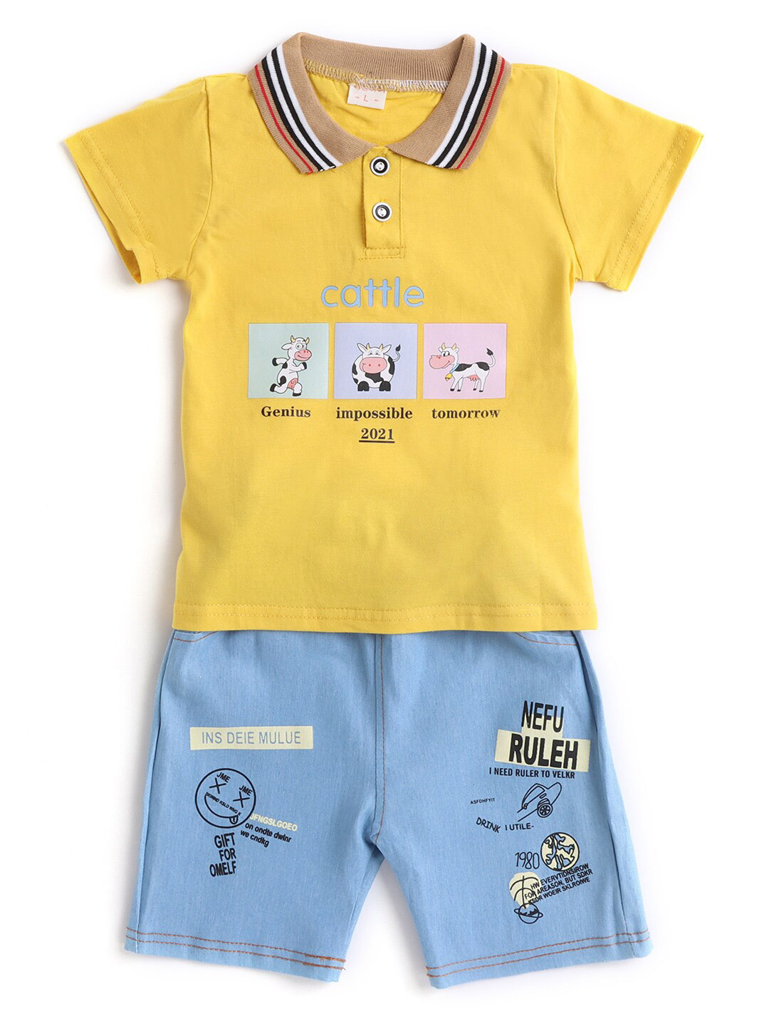 

Hopscotch Boys Yellow & Blue Printed T Shirt with Shorts