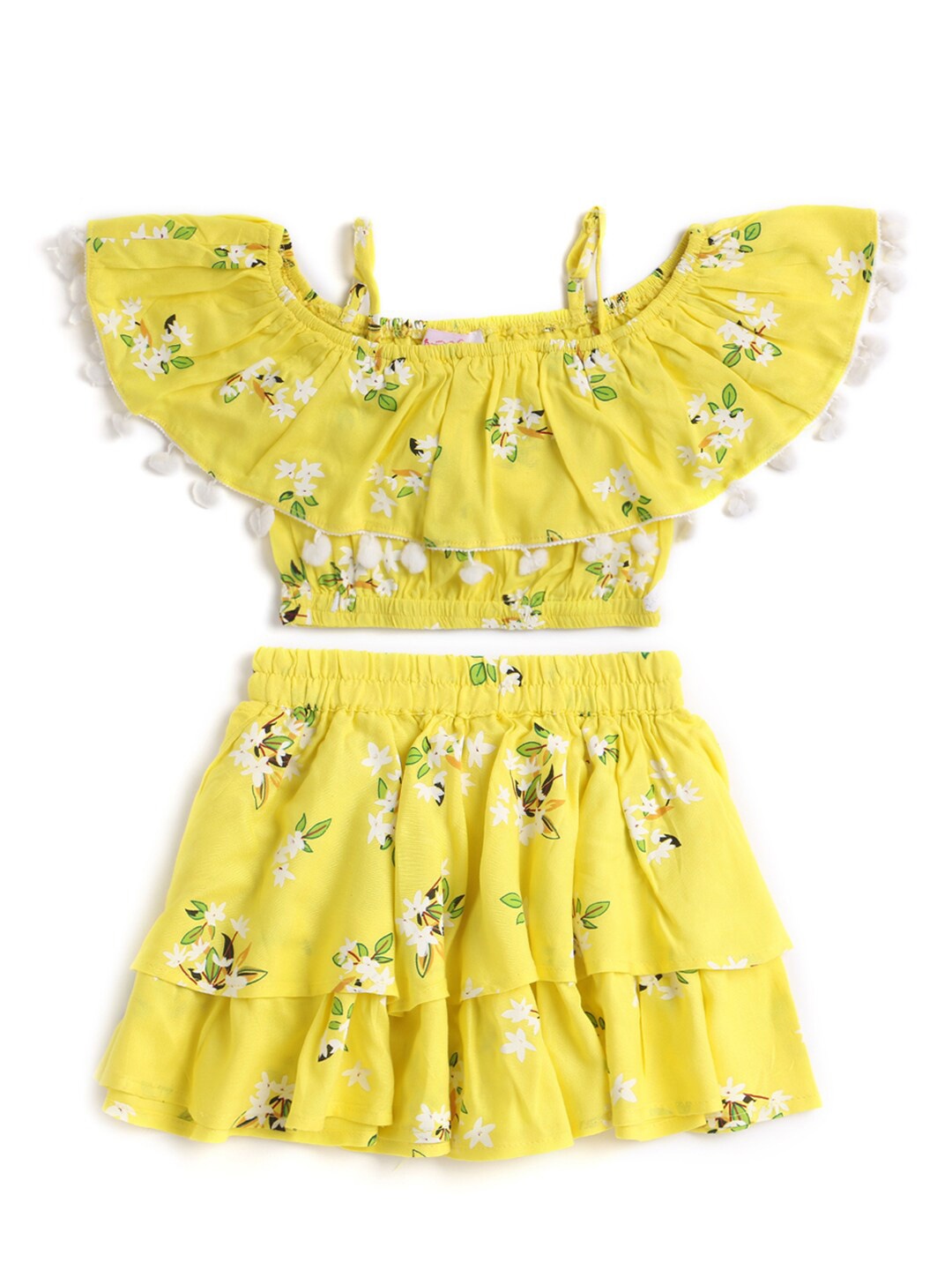 

Hopscotch Girls Yellow & White Printed Top with Skirt