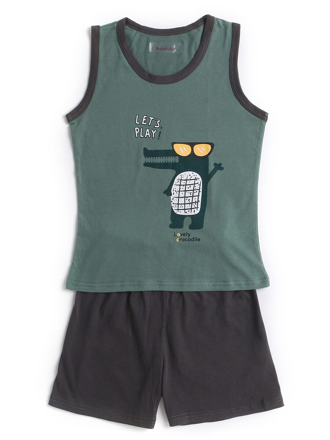 

Hopscotch Kids Green & Charcoal Grey Printed Organic Cotton T-shirt with Shorts