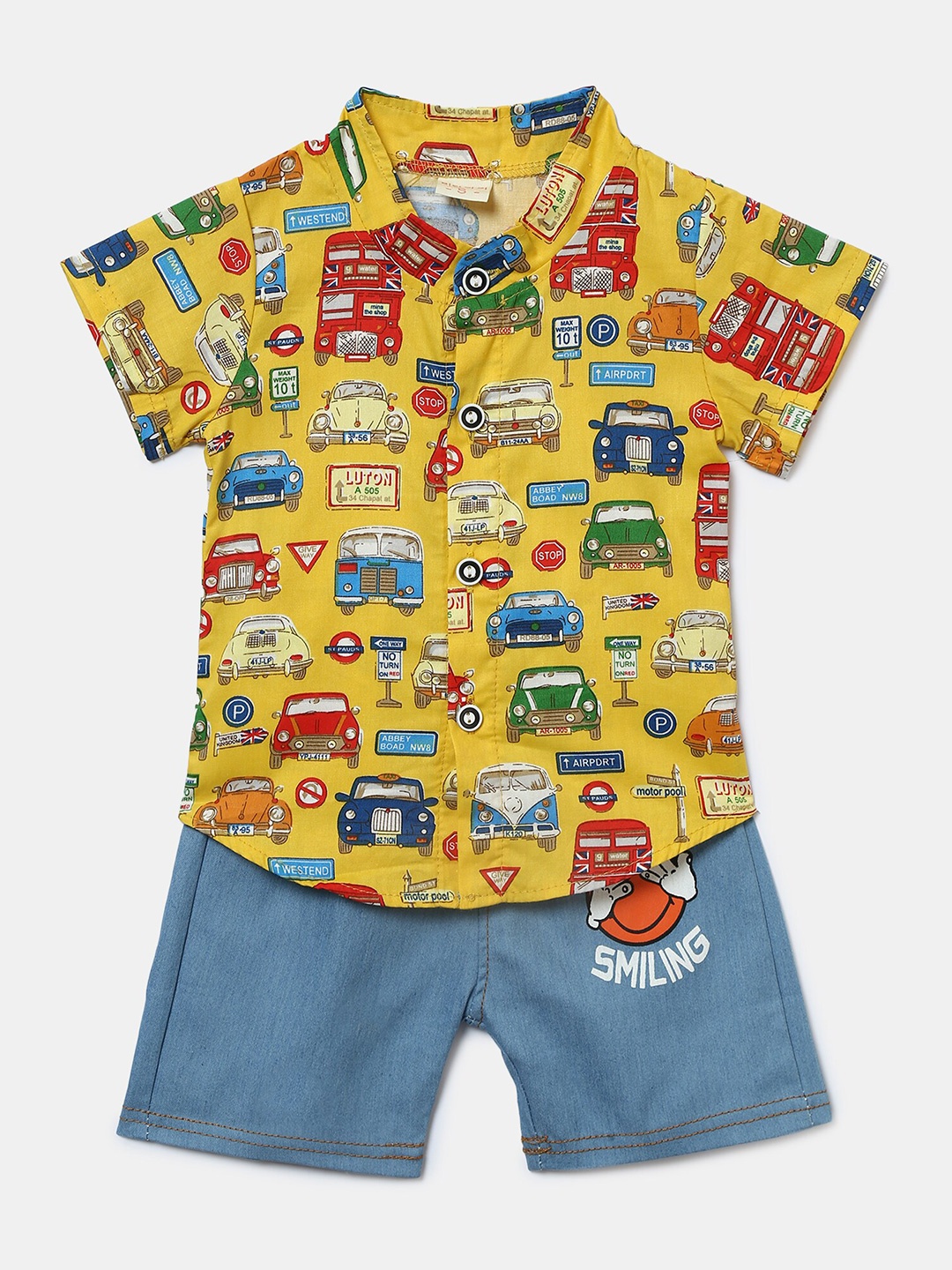 

Hopscotch Boys Yellow & Blue Printed Shirt with Shorts