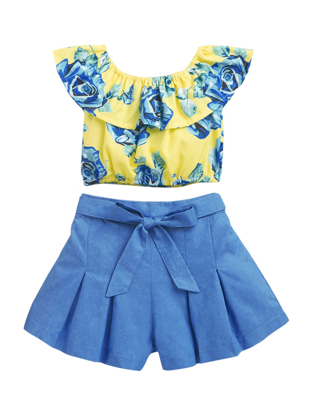 

Hopscotch Girls Yellow & Blue Printed Top with Skirt