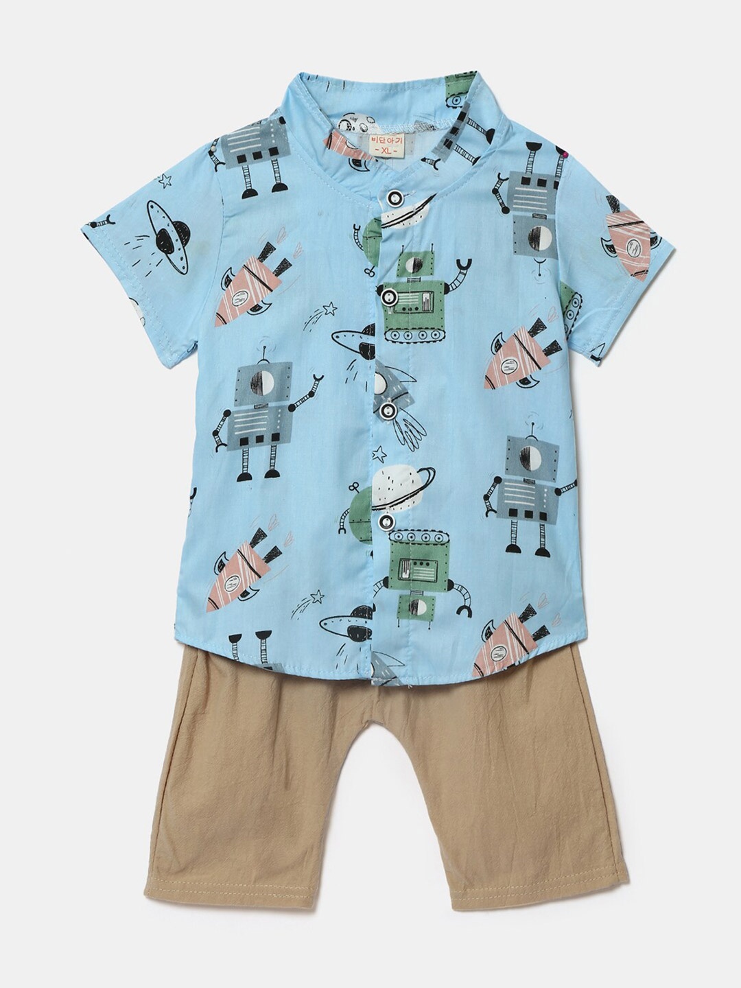 

Hopscotch Boys Blue & Beige Printed Shirt with Shorts
