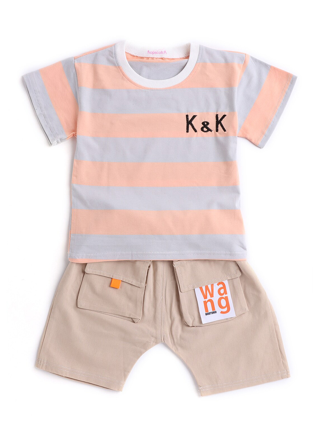 

Hopscotch Boys Orange & Beige Striped T-shirt with Shorts