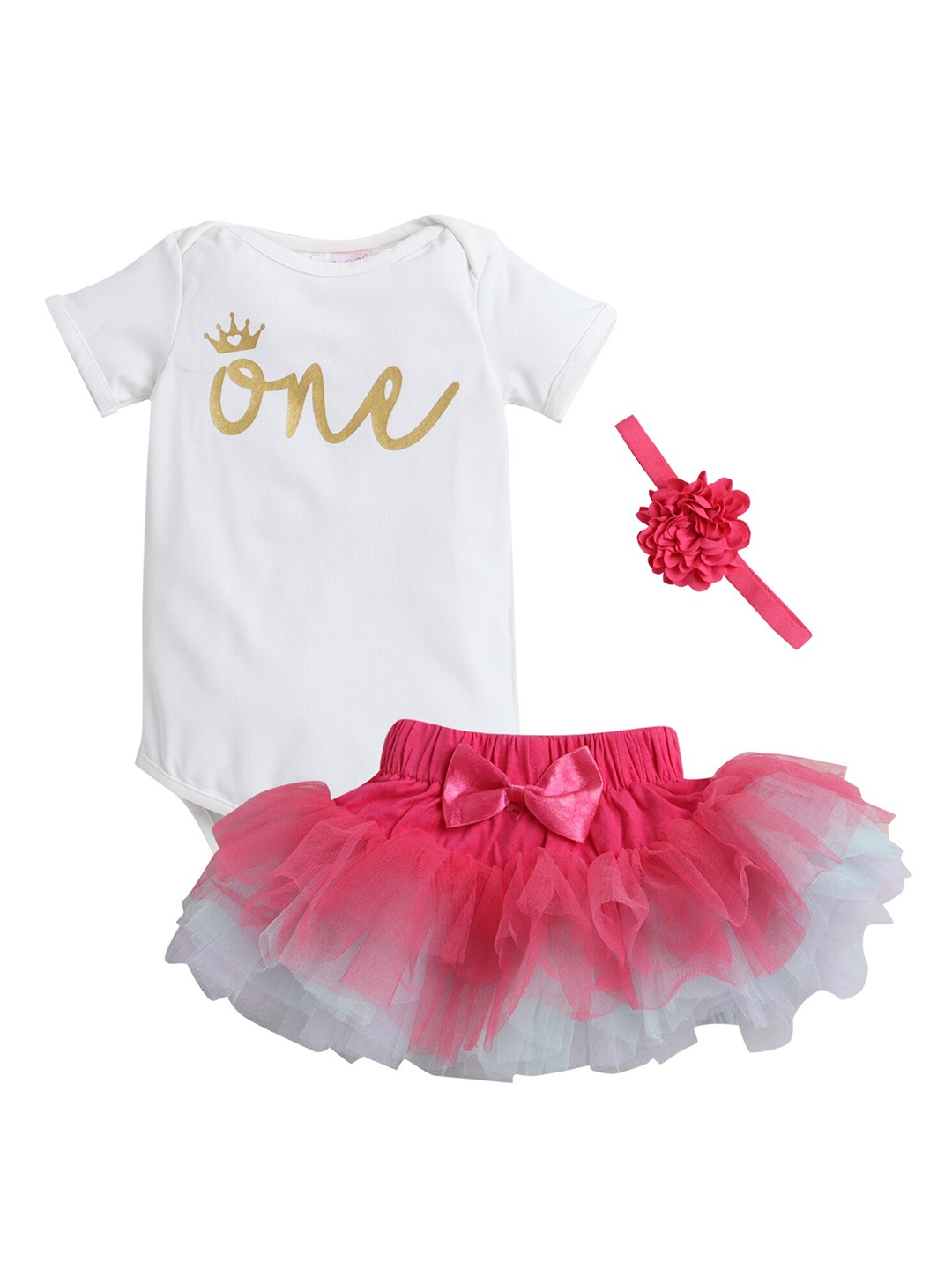 

Hopscotch Girls Magenta & White Printed Bodysuit with Skirt & Headband