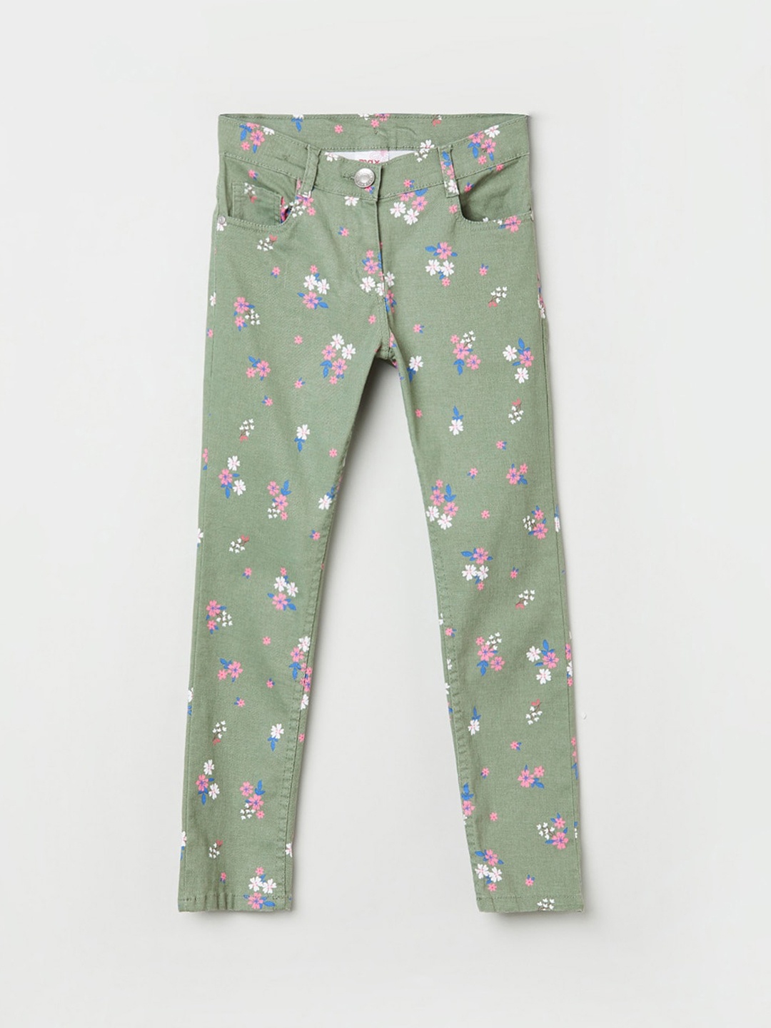 

max Girls Olive Green & White Floral Printed Trousers