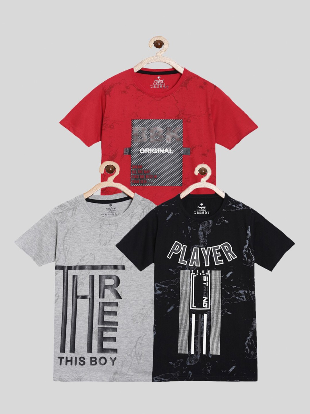 

Peejas Boys Typography 3 Printed Pure Cotton T-shirts, Grey melange