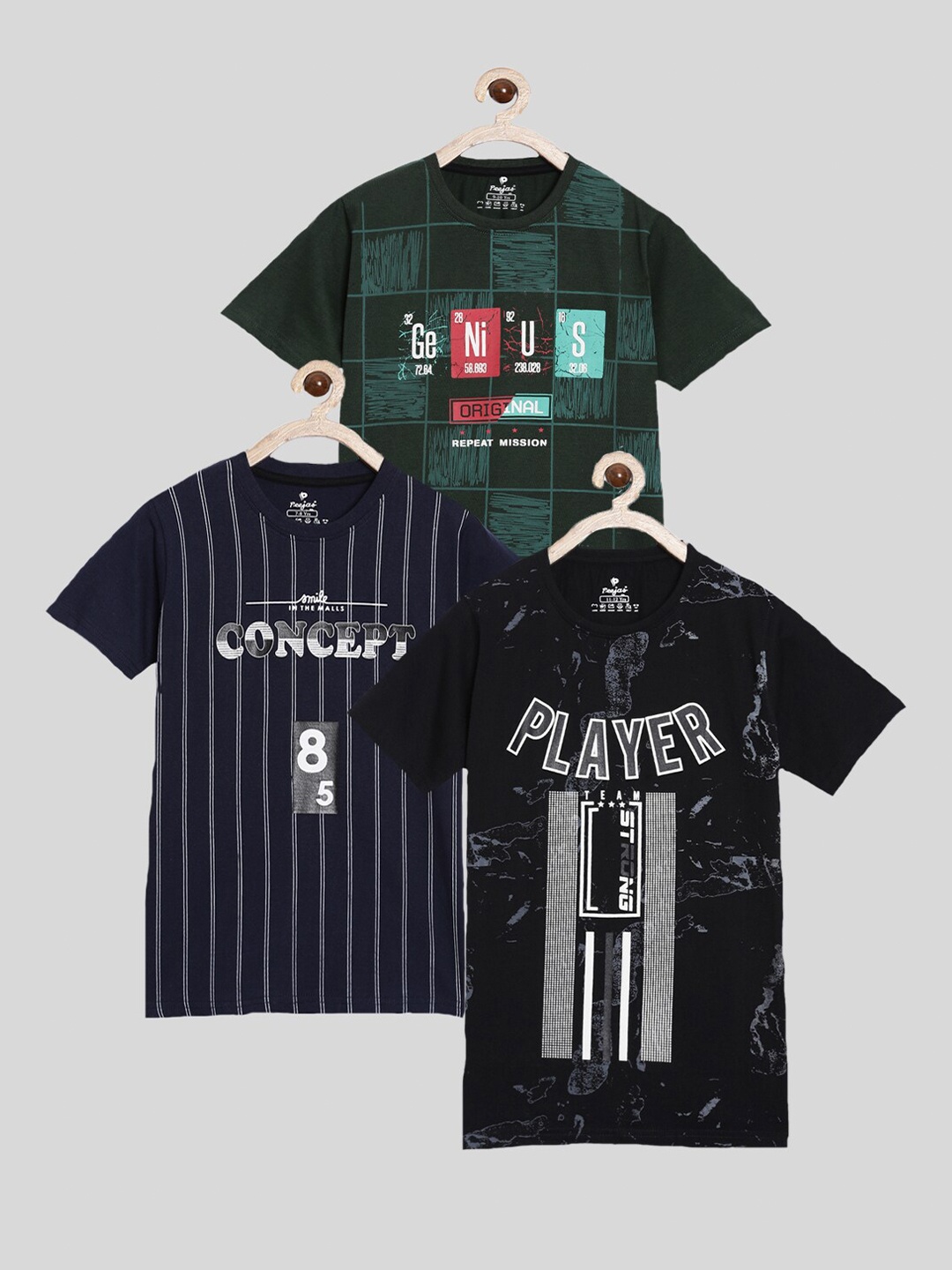 

Peejas Boys Pack Of 3 Printed Pure Cotton T-shirt, Navy blue