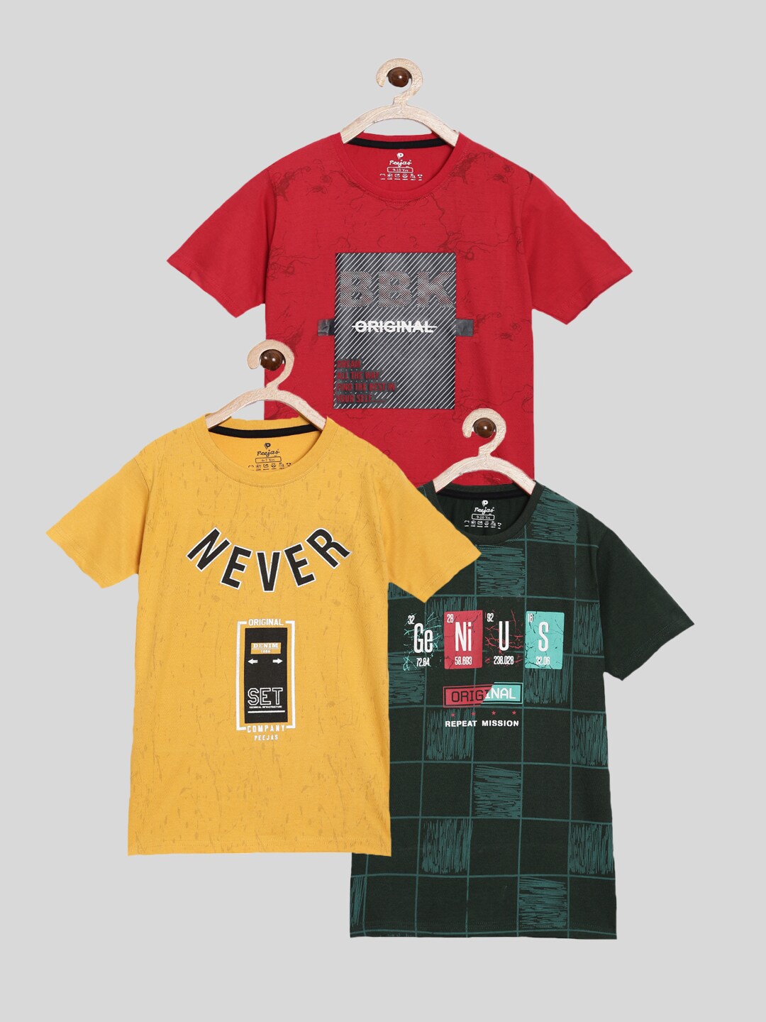 

Peejas Boys Red & Mustard Yellow Set Of 3 Printed Applique T-shirts