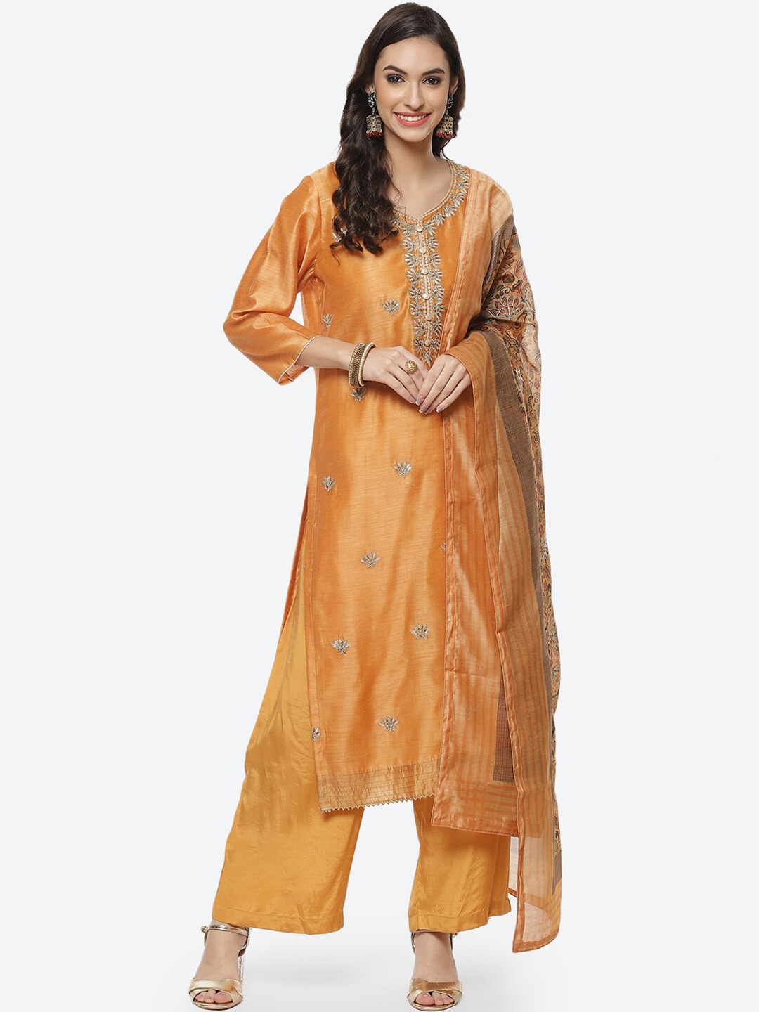 

Meena Bazaar Women Mustard Embroidered Unstitched Dress Material