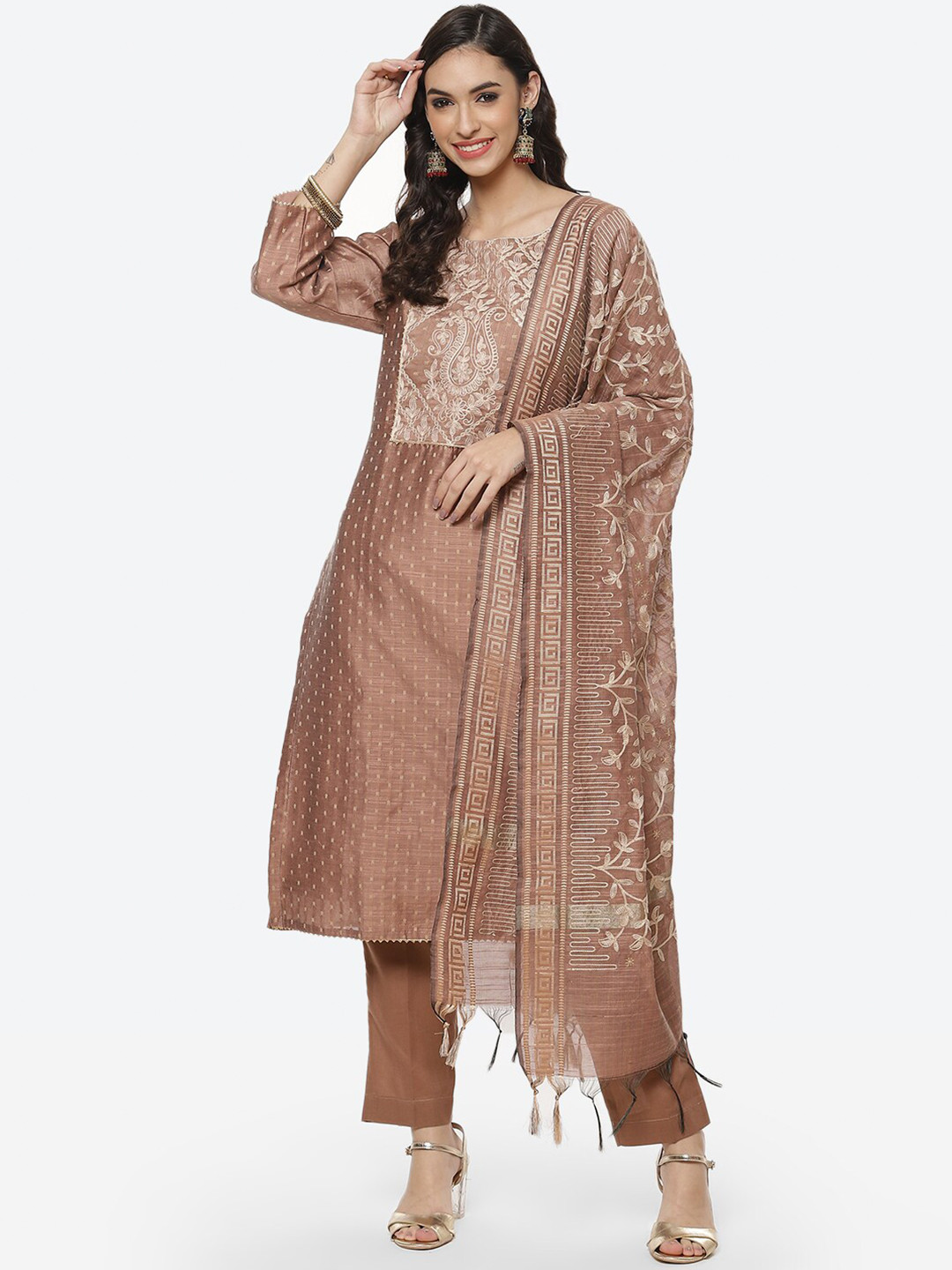 

Meena Bazaar Brown & Cream-Coloured Embroidered Unstitched Dress Material