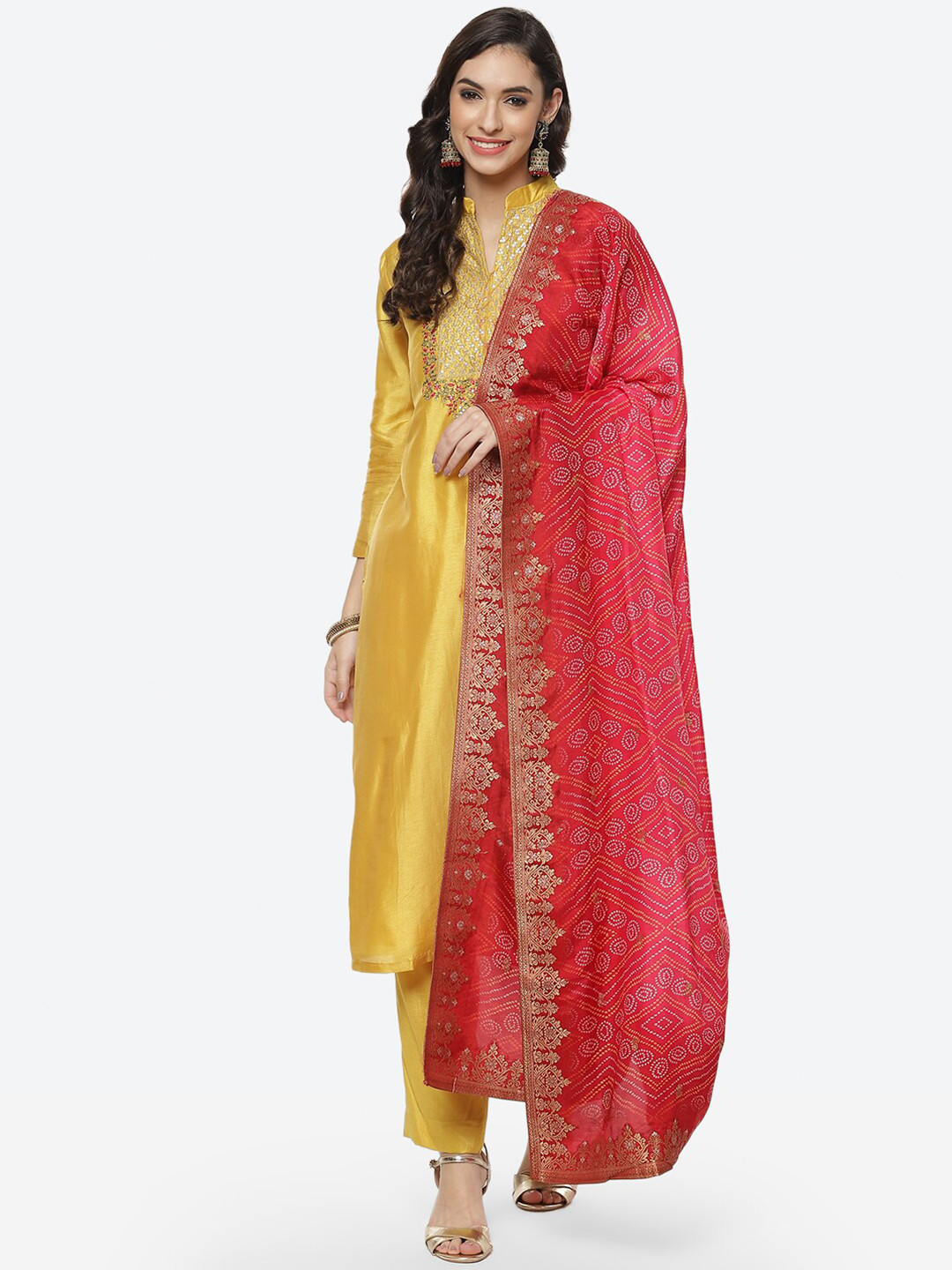 

Meena Bazaar Mustard & Red Unstitched Dress Material