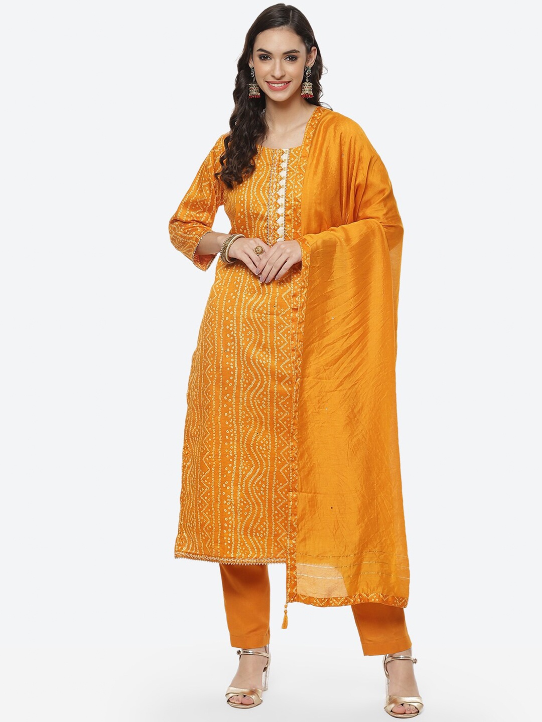 

Meena Bazaar Mustard & Beige Printed Unstitched Dress Material