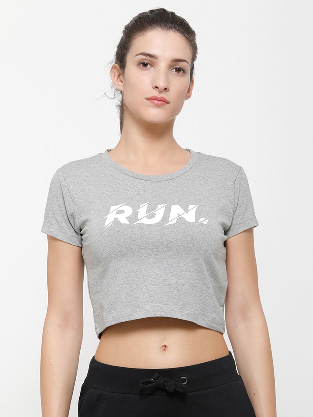 

De Moza Women Grey Melange Typography Printed Crop T-shirt