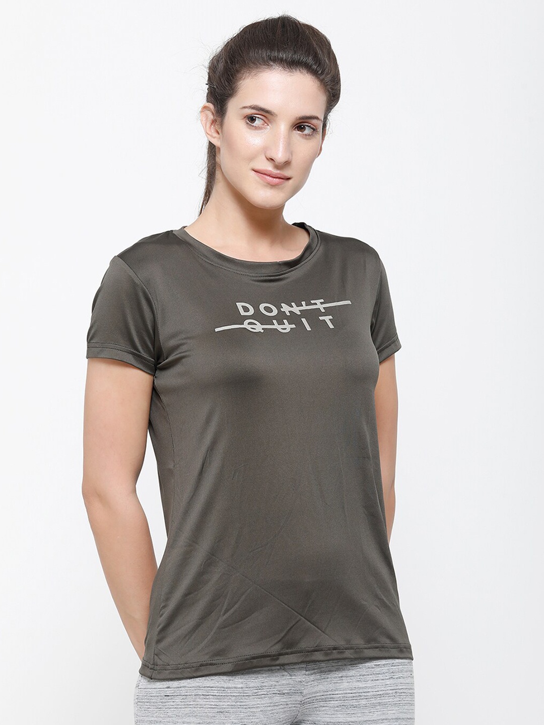 

De Moza Women Olive Green Typography Printed T-shirt