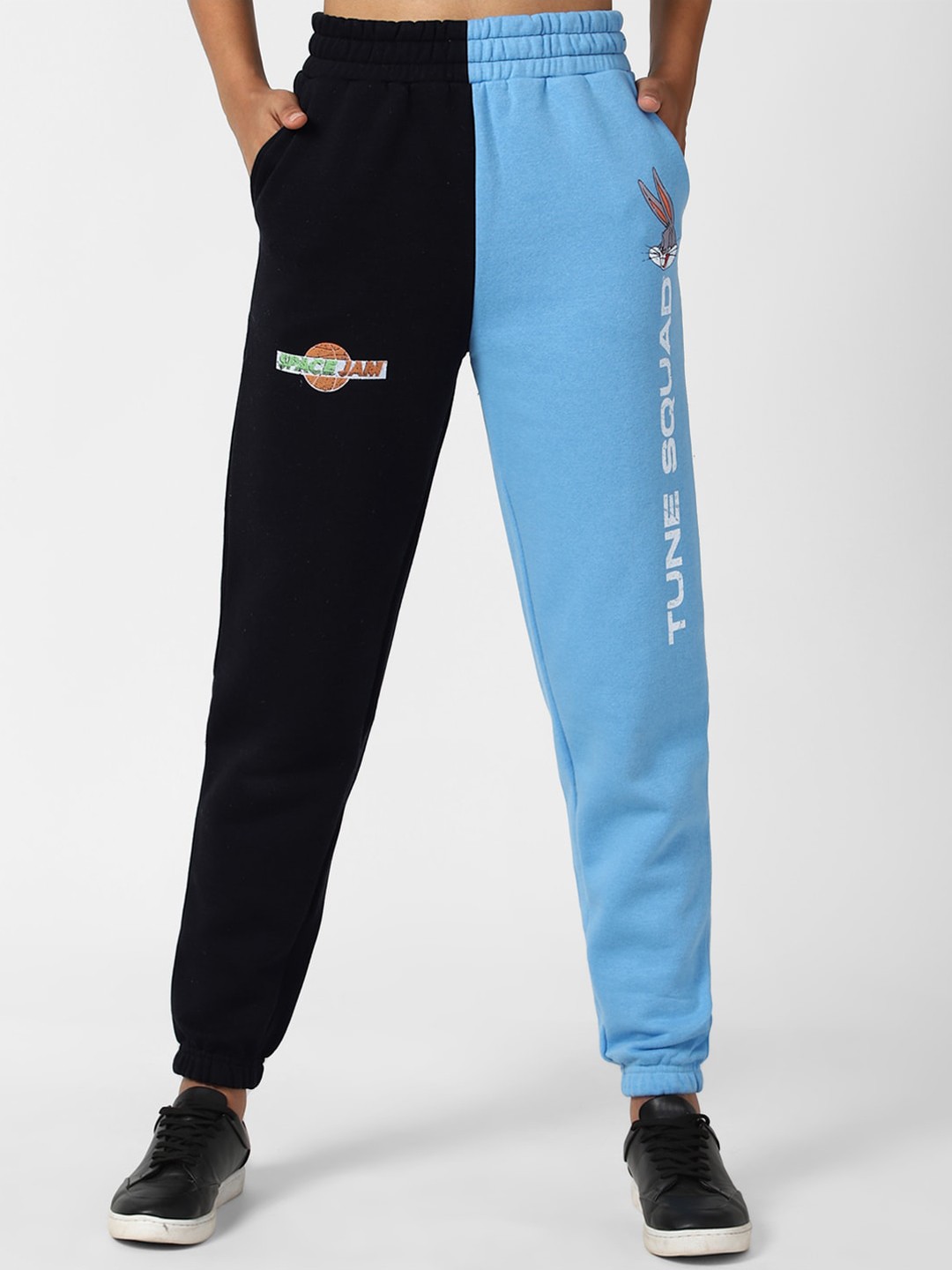 

FOREVER 21 Women Blue & Black Colorblocked Joggers Trousers