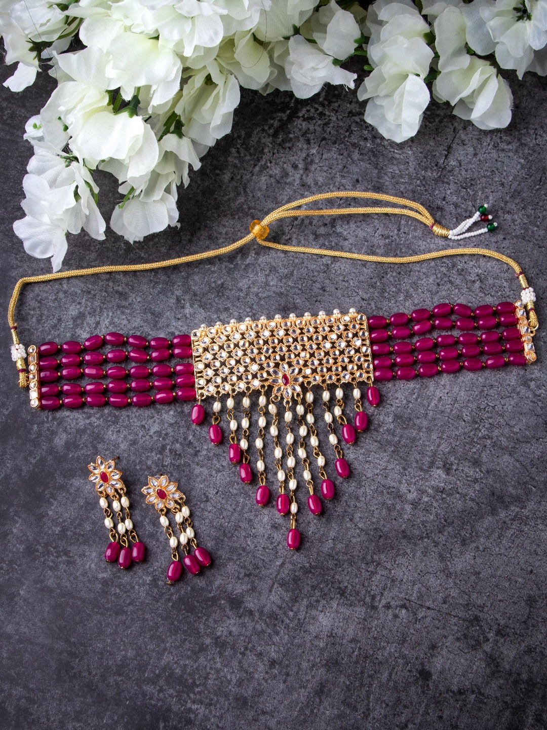 

MORKANTH JEWELLERY Gold-Plated Pink & White Beaded Jewellery Set