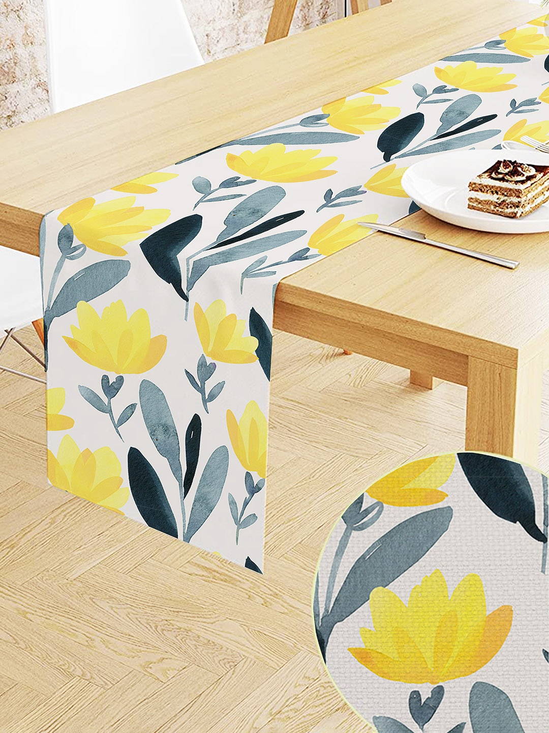 

STITCHNEST Yellow & Grey Printed Table Runner