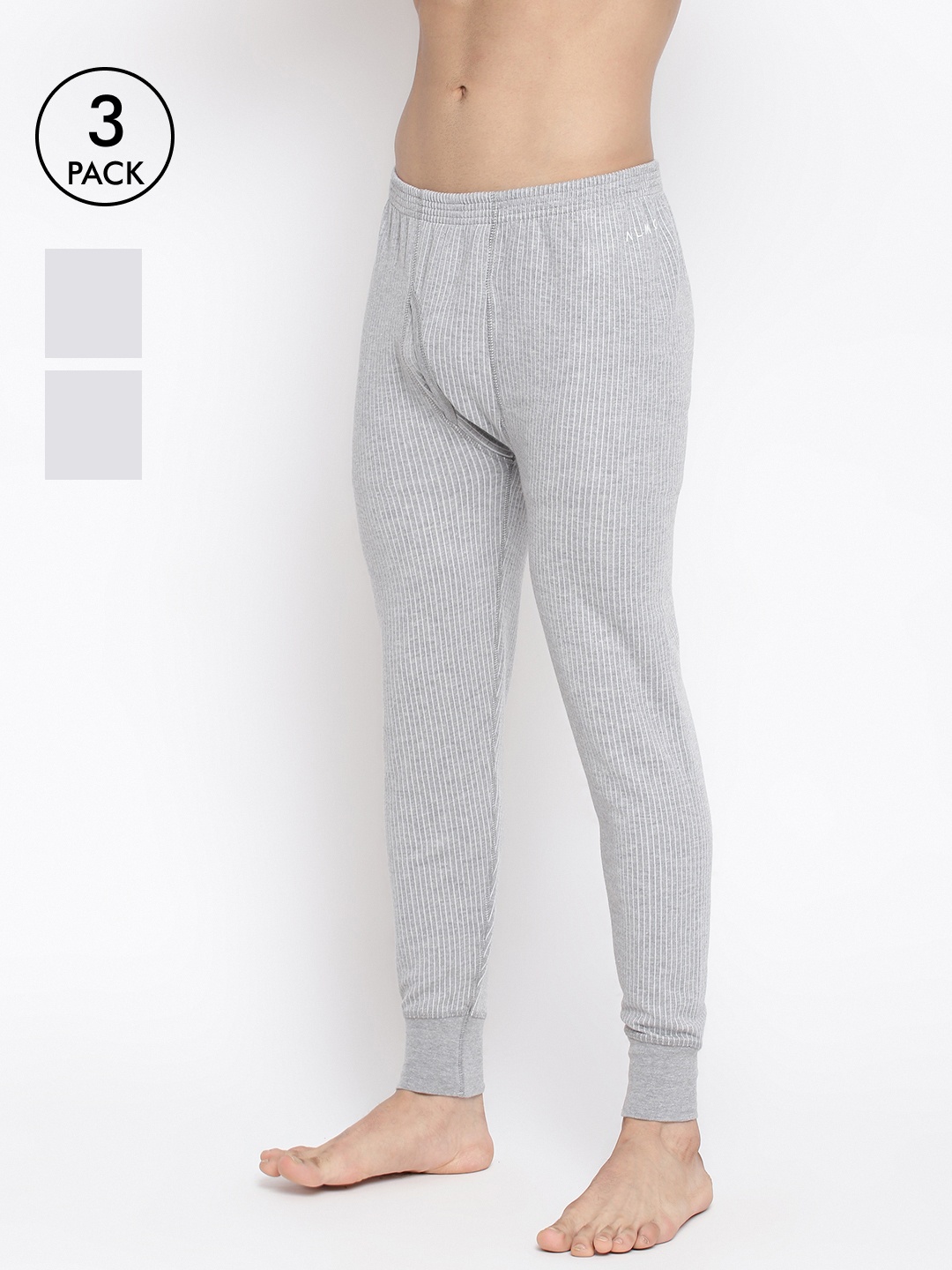 

Almo Wear Men Pack Of 3 Grey Striped Thermal Bottoms