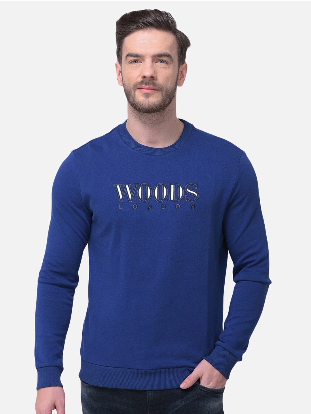 

Woods Men Blue Printed Cotton Blend Sweatshirt