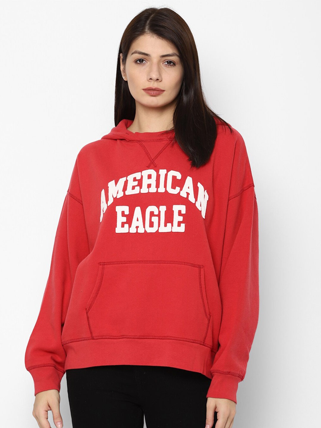 

AMERICAN EAGLE OUTFITTERS Women Red Printed Hooded Sweatshirt