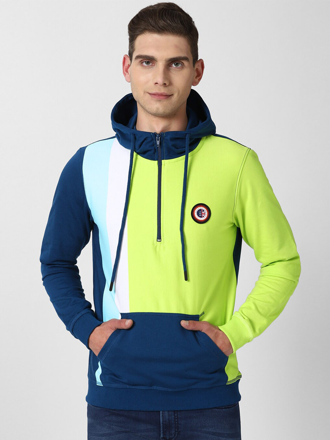

Peter England Casuals Men Blue Colourblocked Hooded Sweatshirt