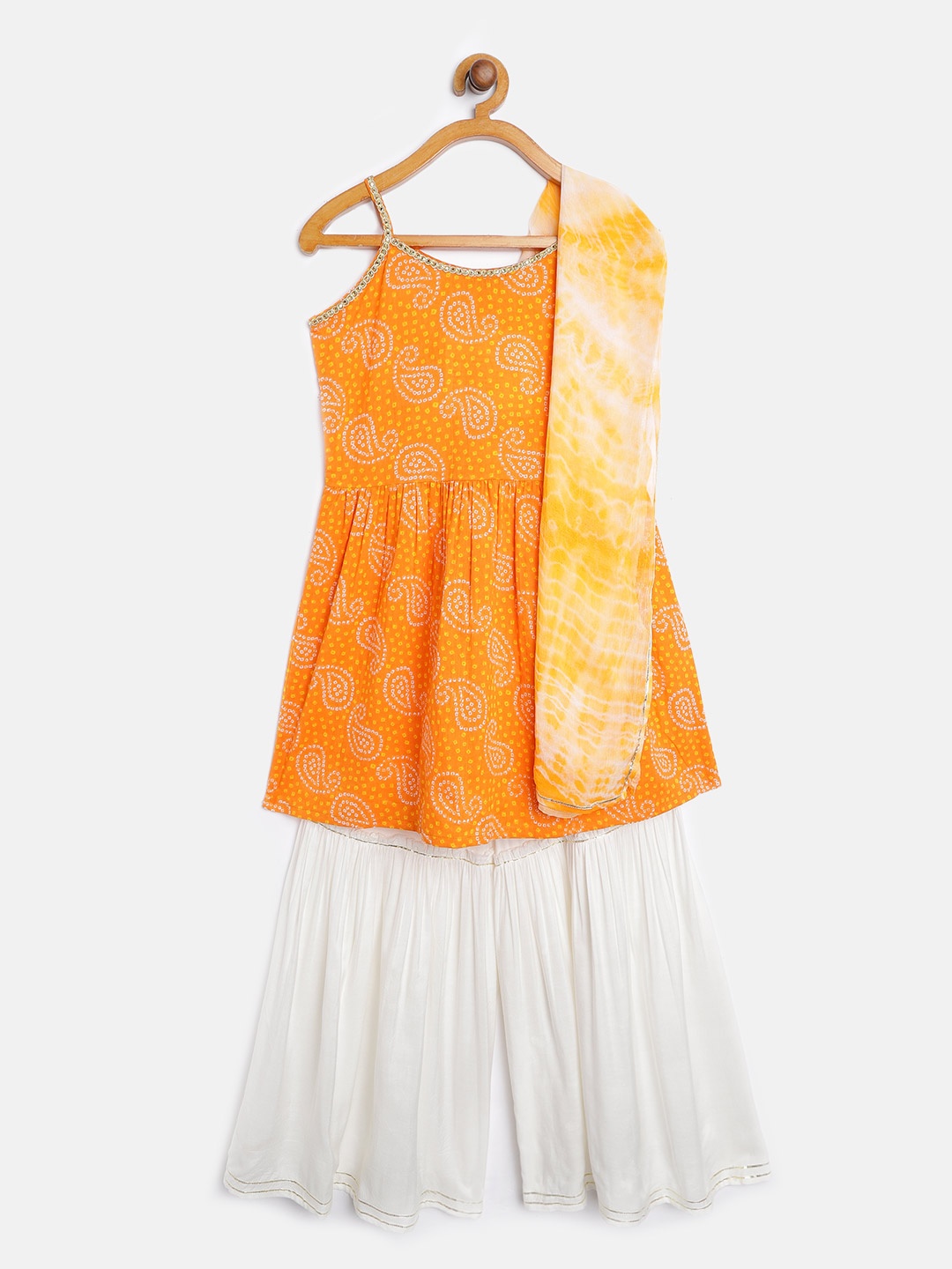 

Readiprint Fashions Girls Orange Bandhani Printed Pleated Gotta Patti Pure Cotton Kurta with Sharara & With
