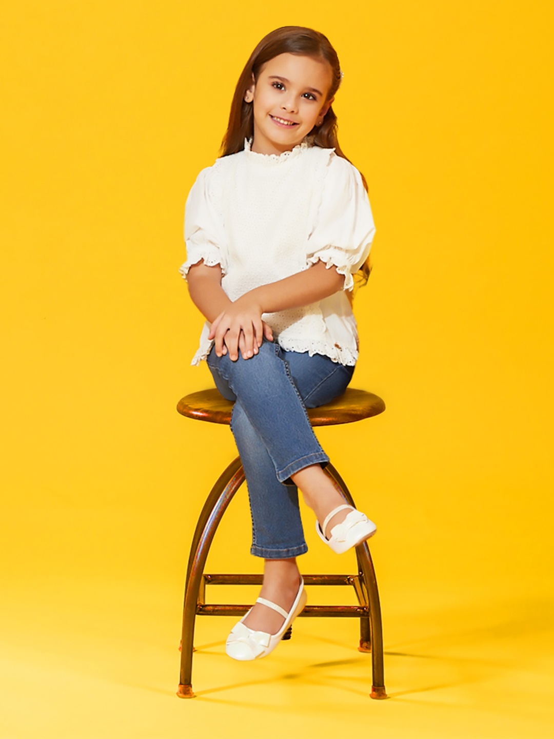 

Cherry Crumble Girls Off-White Solid Lace Puff Sleeves Top