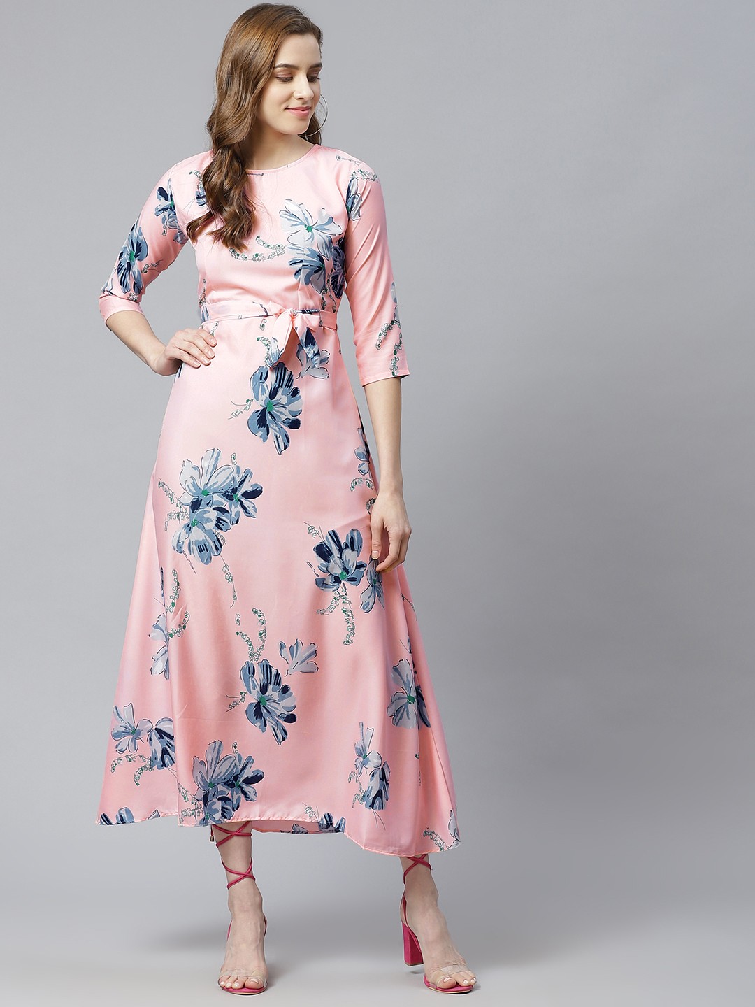 

Sasimo Women Pink & Blue Floral Maxi Dress