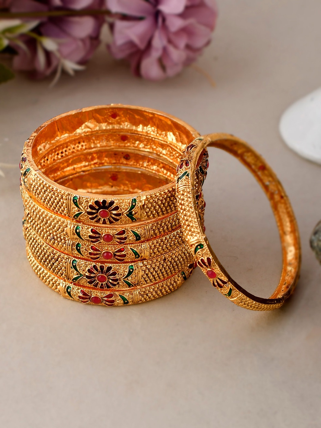 

Shoshaa Set Of 6 Gold-Plated Pink & Green Stone-Studded Meenakari Bangles